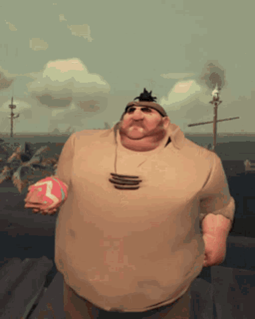 a man in a cartoon holding a red ball with the number 3 on it