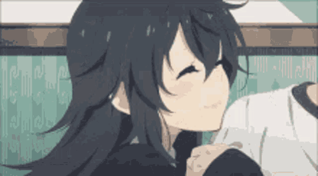 a girl with long black hair and a white shirt is smiling