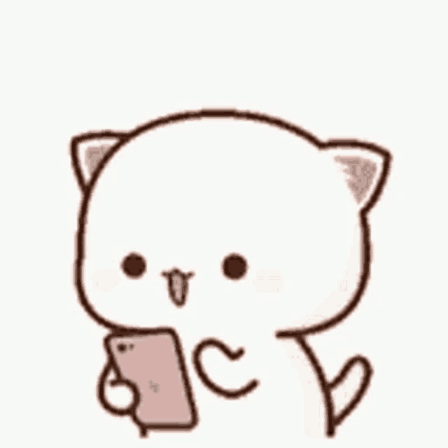 a cartoon cat is holding a cell phone with a heart on it .