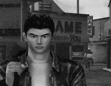 a black and white photo of a man standing in front of a game you sign