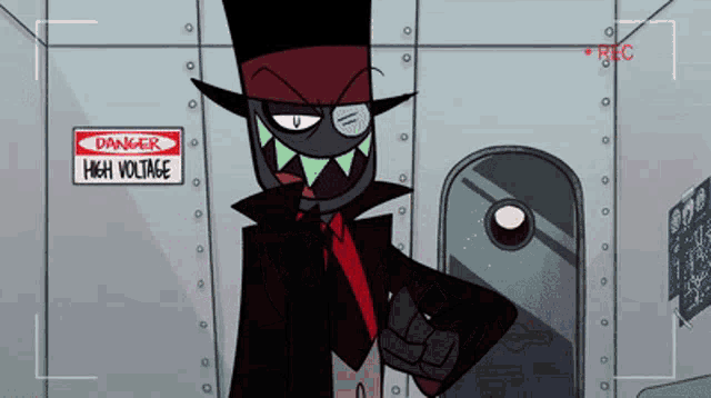a cartoon character is pointing at a sign that says danger high voltage