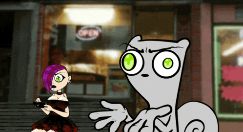 a cartoon character with green eyes is standing in front of a store that is open
