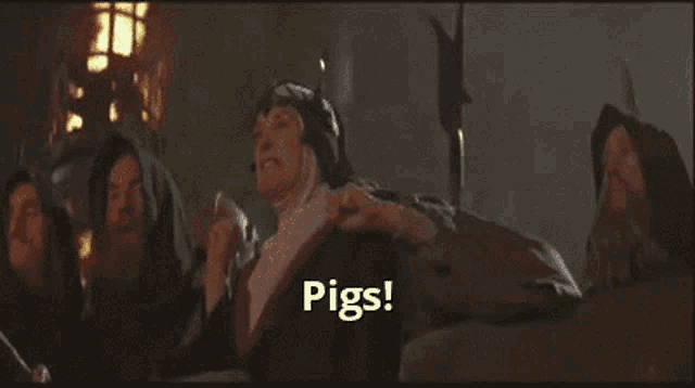a group of people in a dark room with pigs written on the bottom of the screen