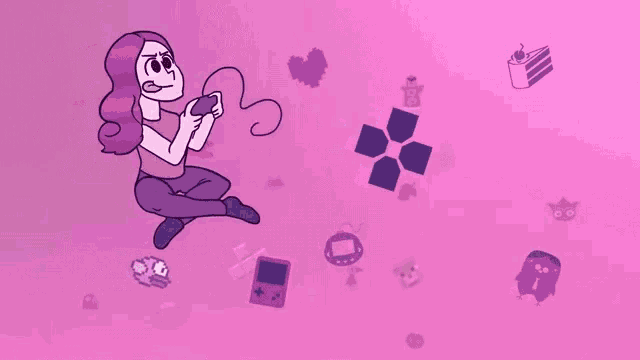 a cartoon of a woman playing a video game on a pink background