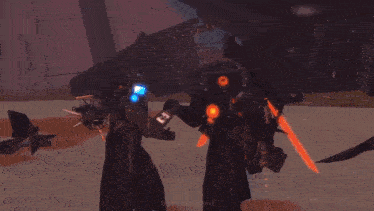 two people are standing next to each other in a video game holding guns .