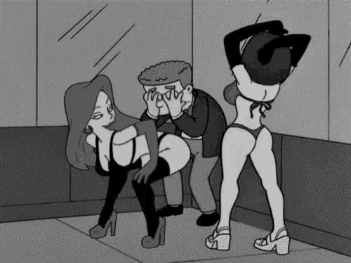 a black and white cartoon of a man covering his eyes behind two women