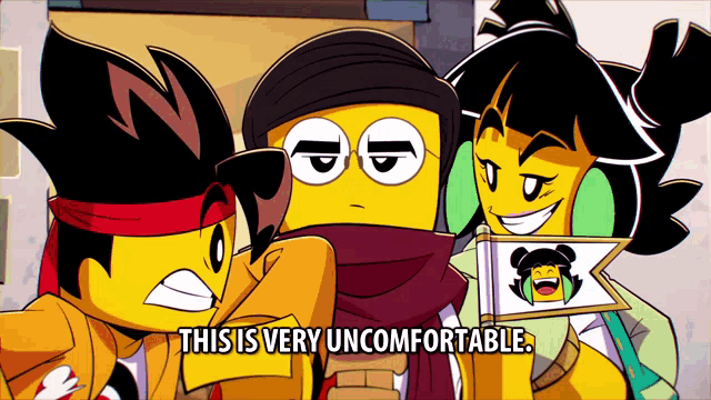 a group of cartoon characters are standing next to each other and one of them says this is very uncomfortable