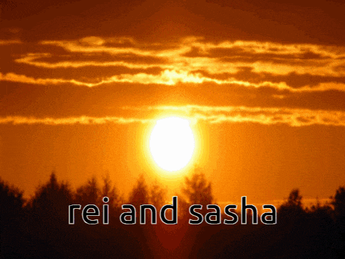 a picture of a sunset with the words rei and sasha on the bottom