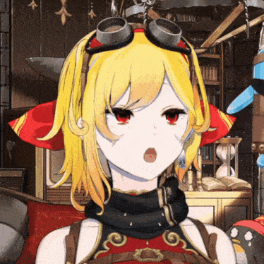 a girl with yellow hair wearing goggles and a scarf