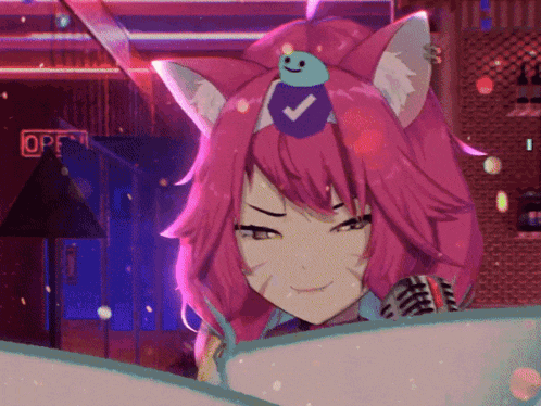 a girl with a cat ear and a check mark on her head stands in front of an open sign