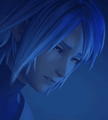 a close up of a blue haired anime character