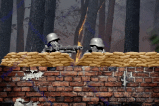 two soldiers are looking over a brick wall with sandbags