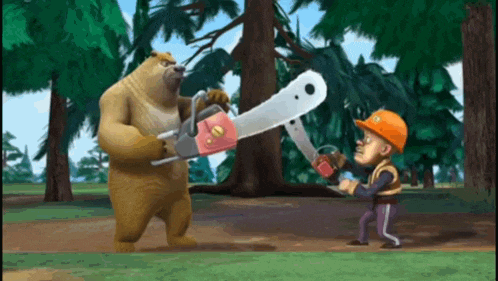 a cartoon of a bear holding a chainsaw and a man holding a saw