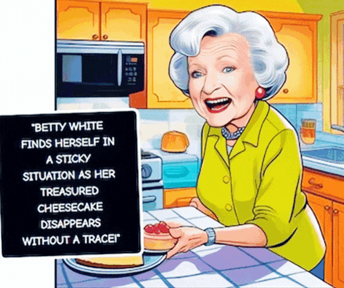 a cartoon of betty white in a kitchen with a sign behind her