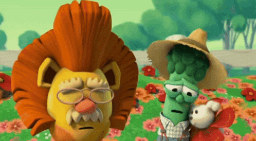 a cartoon of a lion and a broccoli are standing in a field of flowers