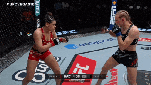 two women are fighting in a ufc ring with easypost advertising on the walls