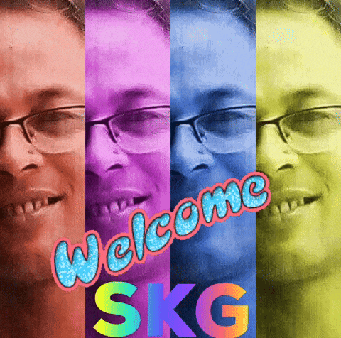 a picture of a man with glasses and the words welcome skg on it