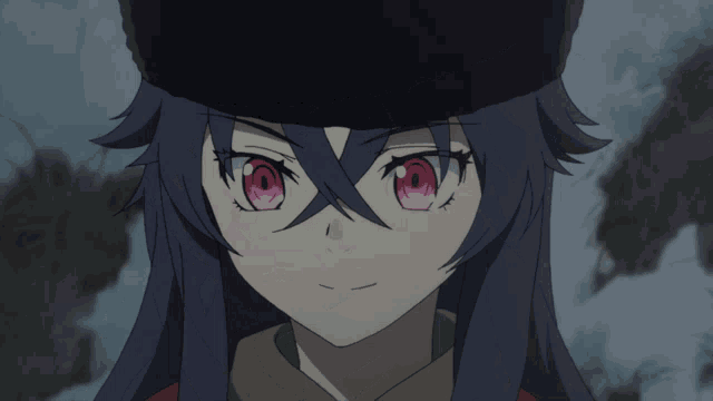 a close up of a girl with red eyes and a black hat
