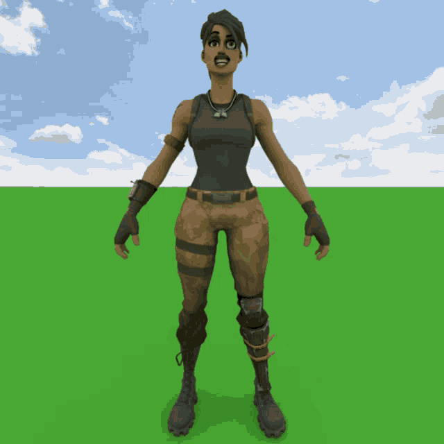 a cartoon character is standing in a green field