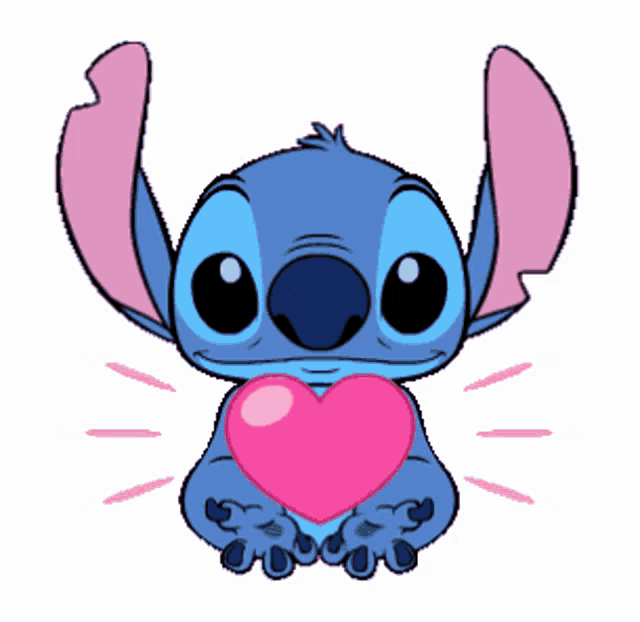 a stitch holding a pink heart in its hands
