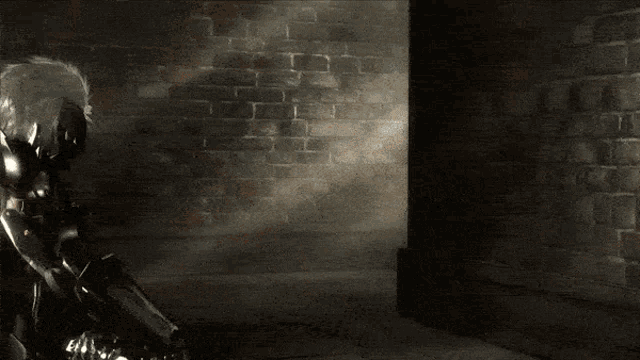 a black and white photo of a man in a armored suit in front of a brick wall