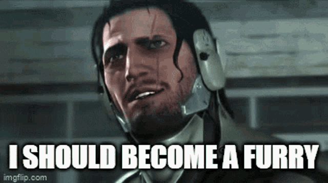 a man is wearing a headset and says i should become a furry