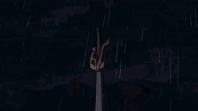 a girl with purple hair is holding a sword in her hand in the dark .