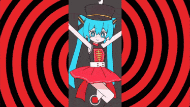 a cartoon of a girl in a red dress with a black hat