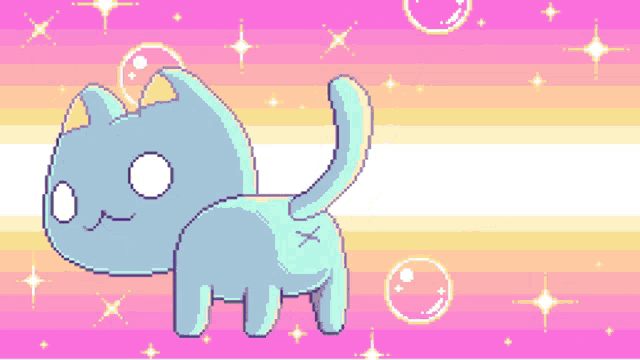 a pixel art of a cat and a poop with red eyes on a pink background