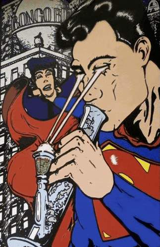 a painting of superman playing a trumpet with the word bongo on the background