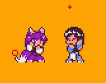 a pixel art drawing of a girl and a purple monster