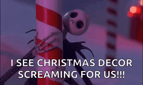 jack skellington from the nightmare before christmas is standing next to a candy cane pole