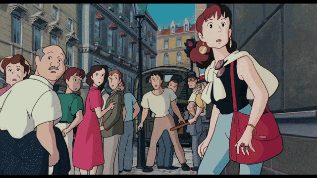 a woman in a red purse is standing in front of a crowd of people
