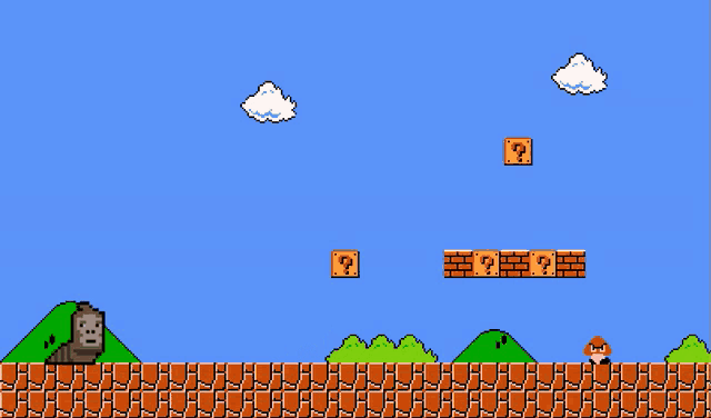 a video game scene with a question mark and a brick wall