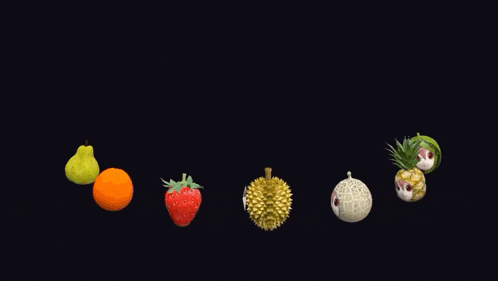 a strawberry an orange a pear a durian and a pineapple are lined up in a row on a black background