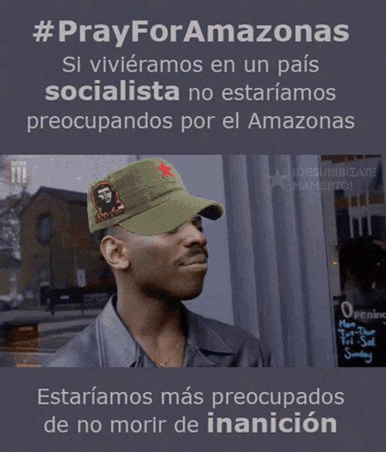 a man wearing a hat with che guevara on it is thinking