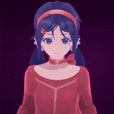 a girl with blue hair is wearing a red shirt and a headband