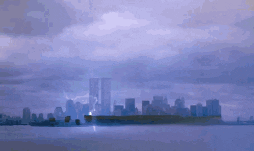 a painting of a city skyline with a lightning strike in the distance