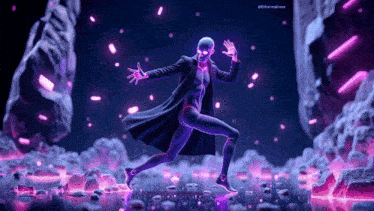 a man in a trench coat is dancing in a dark room with purple lights