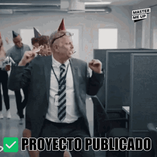 a man in a suit and tie is dancing in an office with the words proyecto publicado in the corner