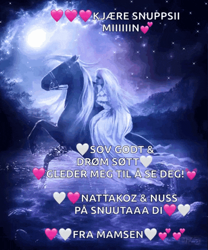 a picture of a woman riding on the back of a horse with hearts around it