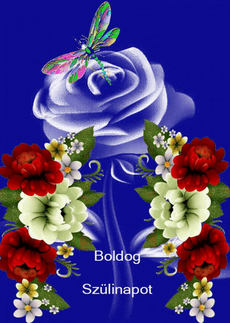a blue background with red white and green flowers and the words boldog szulinapot on the bottom