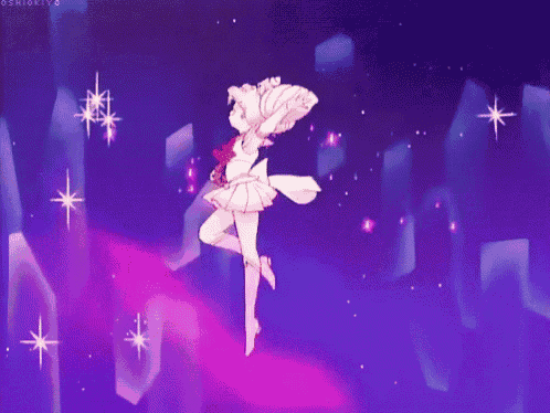 a girl in a white dress is dancing in a purple space