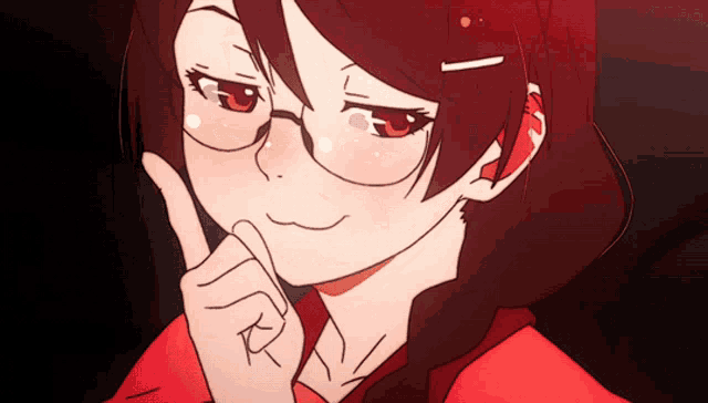 a girl with red hair and glasses holds her finger to her mouth