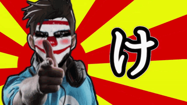 a man wearing a mask and headphones points his finger at the camera