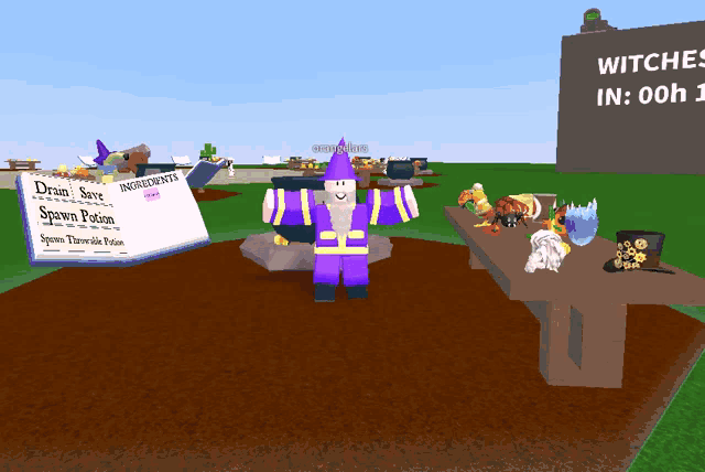 a wizard is standing in front of a table with a book that says drink save spawn potion
