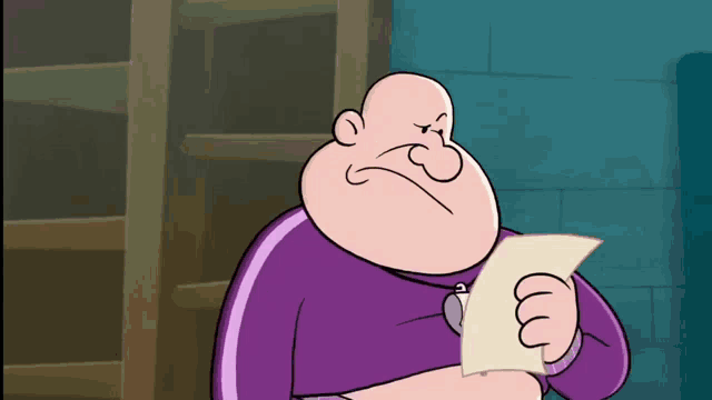 a cartoon character is holding a piece of paper with his mouth wide open
