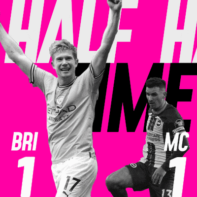 two soccer players on a pink background with the words half time bri and mc