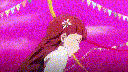 a girl with long red hair and a flower in her hair is standing in front of a pink background with flags .
