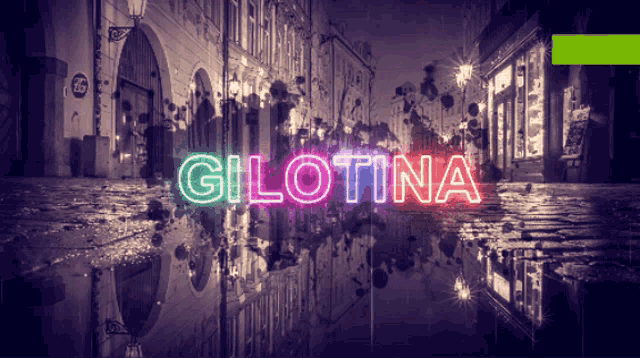 a neon sign that says ' gilotina ' in front of a flooded street